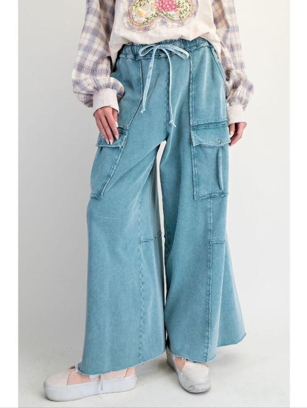 Easel "Durango" French Terry Cargo Wide Leg Pants in Teal Blue Sz S - Picture 2 of 6